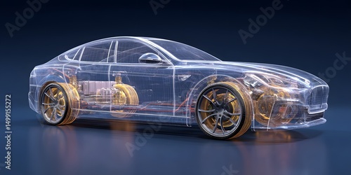 A futuristic transparent wireframe model showcasing the innovative design and advanced technology of a sleek energy efficient electric car concept