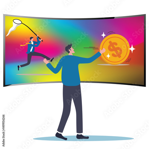 Businessman catching money with landing net