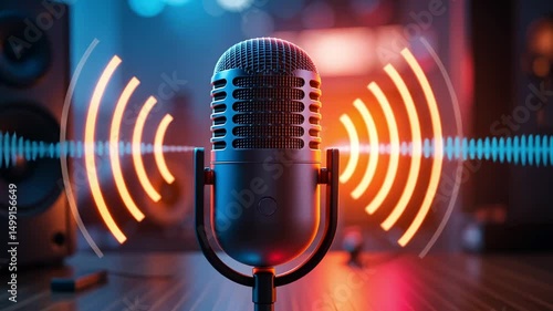 Wallpaper Mural Close-up of vintage microphone with glowing orange sound waves, symbolizing audio broadcast, podcasting, live performance, or radio talk in a vibrant studio setup. Torontodigital.ca