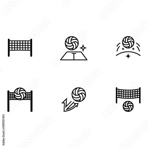Volleyball game strategy icons displaying net placement and action with a simple black line on white