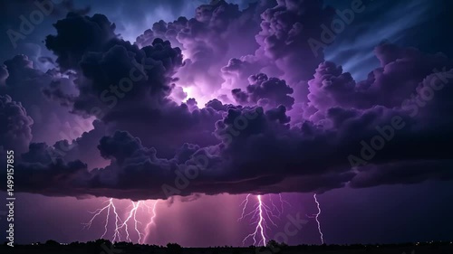 Wallpaper Mural Purple lightning bolts illuminating stormy night sky over landscape, capturing the raw power of nature and electric storm energy with dramatic clouds and dark intense atmosphere. Torontodigital.ca
