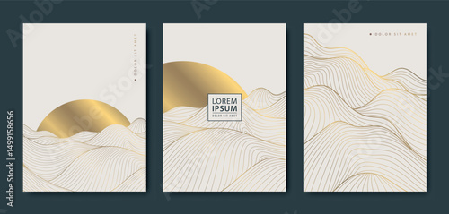 Vector set of Japanese style sunset covers, abstract waves and sun abstract line golden patterns. Nature sea chinese posters, vintage asian illustration.