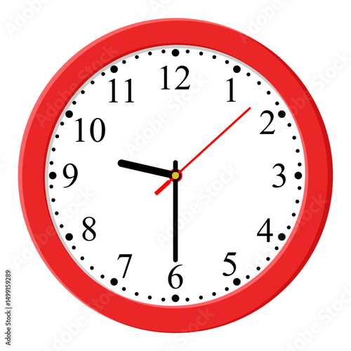 Red Clock icon design on a light background, flat style. Time icon. 09:30 o'clock. Circle badge, symbol, clock sign for website design. 