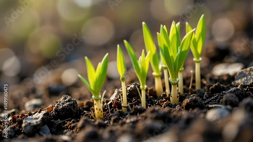 Wallpaper Mural Small green plant sprouts emerging from soil in early morning light symbolizing new life, growth, sustainability, farming, and beginning of organic nature journey. Torontodigital.ca