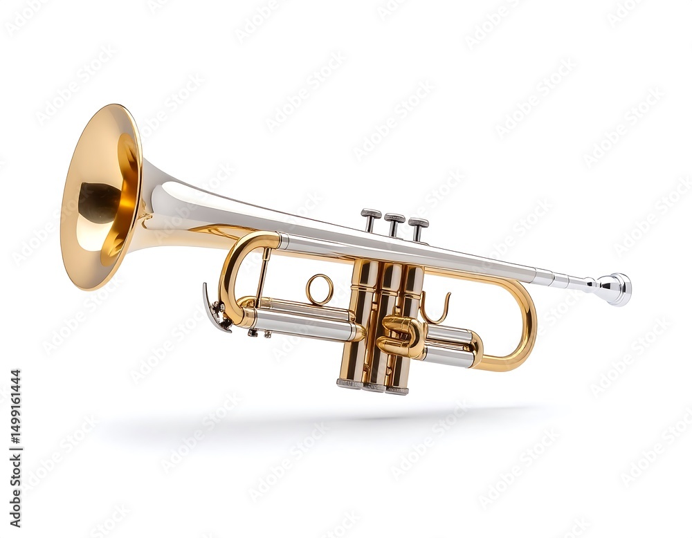 Obraz premium A detailed studio shot of a brass trumpet isolated on a white background with its parts highlighted and shadow