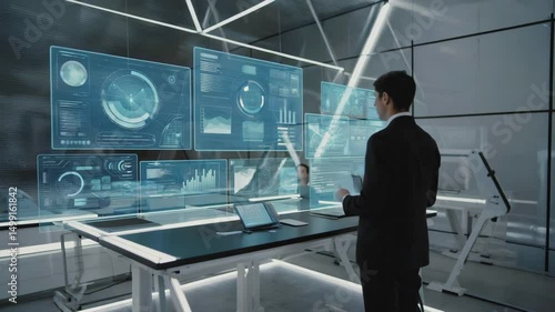 Businessman in office presentation with ai holograms display charts graph data visualizations in futuristic business office