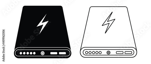 Power bank vector icon design. Silhouette of power bank, vector symbol and sign. Line icon of power bank, Mobile phone charger icon Vector illustration. Battery charger isolated on white background