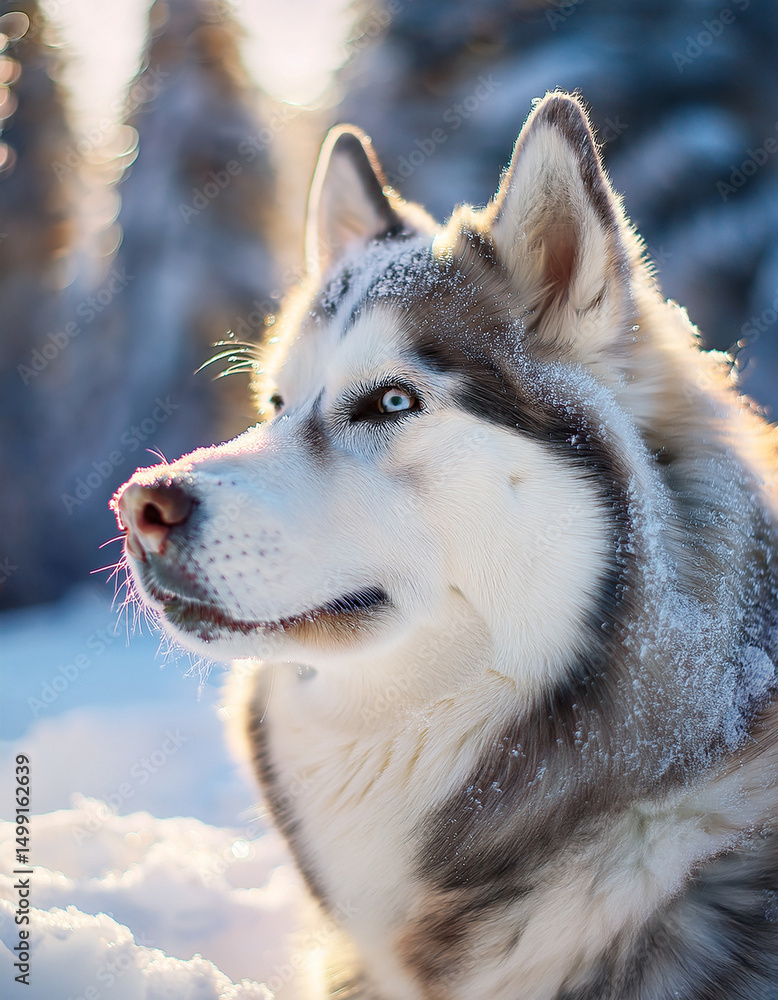 Naklejka premium Generated Image of A husky standing in freshly fallen snow, ice crystals on its fur and visible breath in the cold air