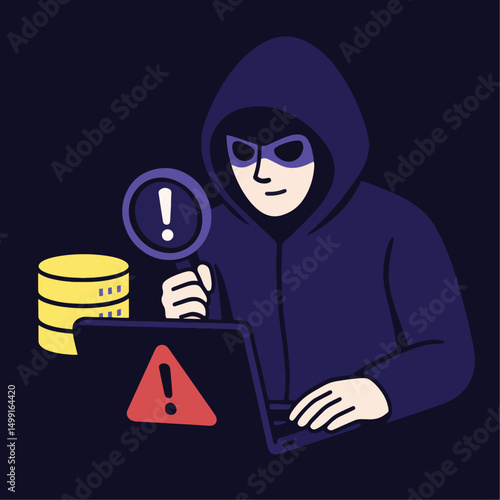 Hacker with Laptop Stealing Data, Vector Illustration.