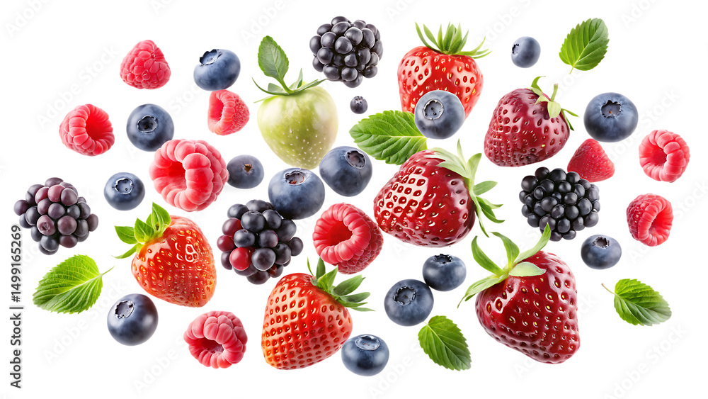berries collection falling in the air isolated on white background berries collection falling in the air isolated on white background