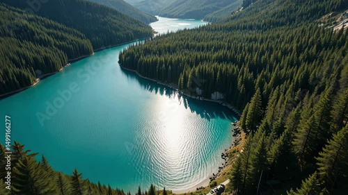 Wallpaper Mural Aerial view of river curving through green forested valley during sunny day, representing natural landscape, environment and peaceful scenic outdoor beauty. Torontodigital.ca