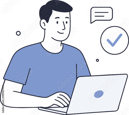 Man Working on Laptop with Checkmark. Vector Illustration.