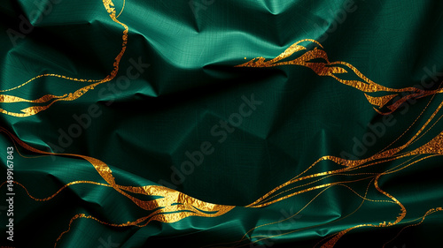 Elegant emerald green fabric with gold accents abstract design