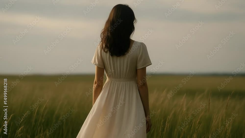 Woman standing in a field wearing a flowing dress during sunset Woman standing in a field wearing a flowing dress during sunset