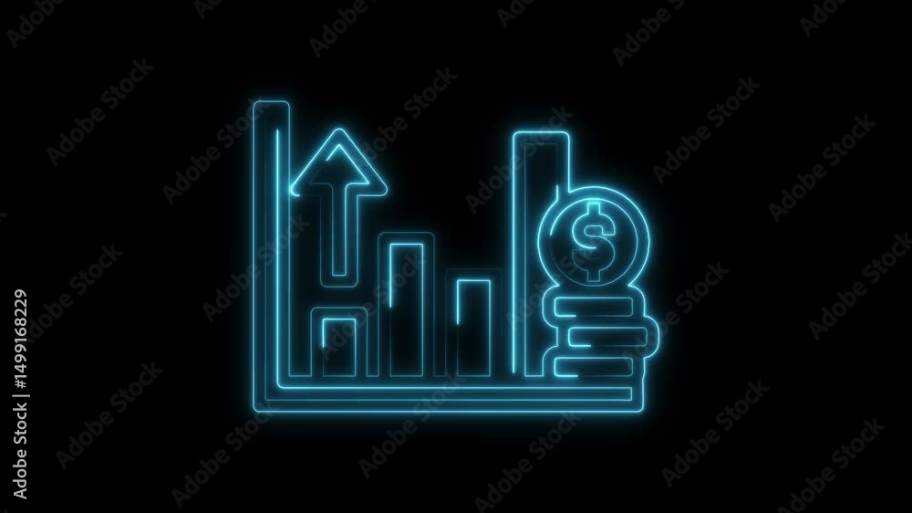 Growing investment neon line art glowing financial graph with rising arrow and coins Growing investment neon line art glowing financial graph with rising arrow and coins