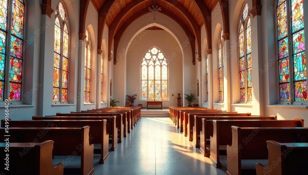 Fototapeta premium A modern, bright church sanctuary with stained-glass windows and pews , spiritual, building