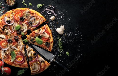 A sliced pizza with assorte...