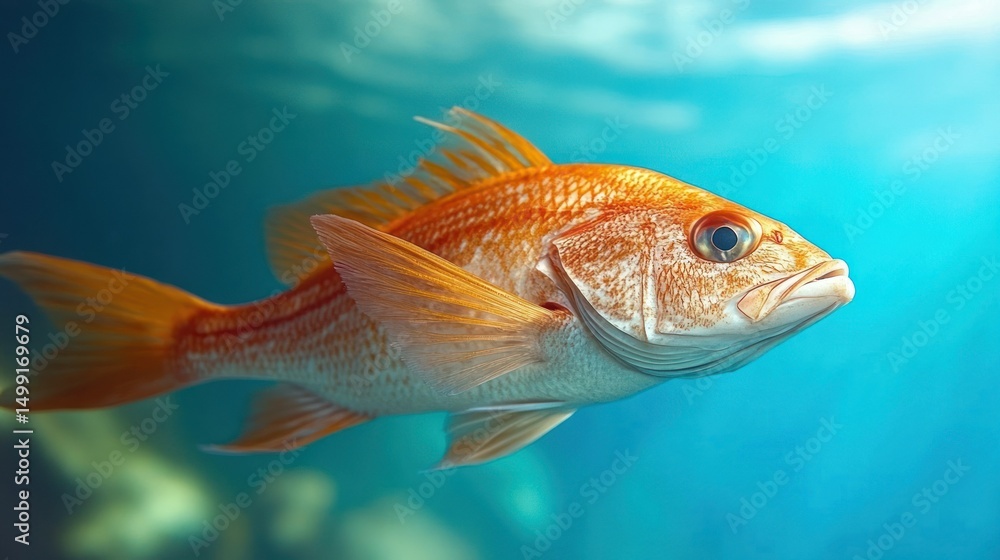 Naklejka premium An exquisite golden fish gliding gracefully underwater in a bright blue expanse