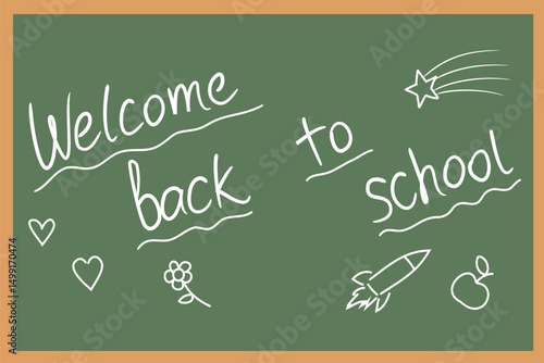 School blackboard. Green chalkboard with wooden frame and welcome text. Welcome back to school horizontal background. Cartoon vector illustration.
