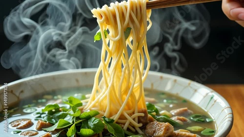 Wallpaper Mural Hot steaming noodles being lifted with chopsticks from bowl, representing delicious Asian food, culinary delight and warm freshly cooked meal. Torontodigital.ca