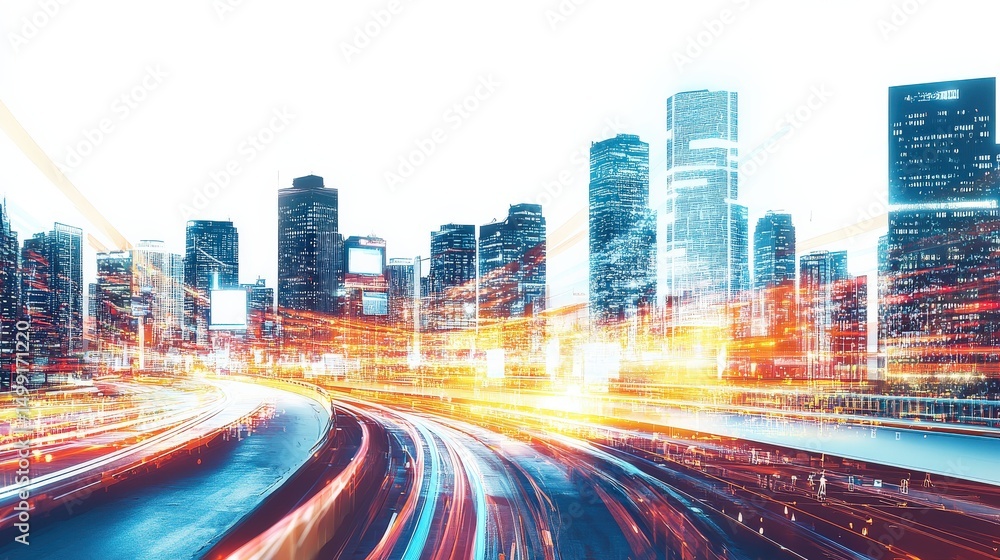 Fototapeta premium Vibrant Cityscape at Night with Moving Traffic and Illuminated Skyscrapers in Urban Setting