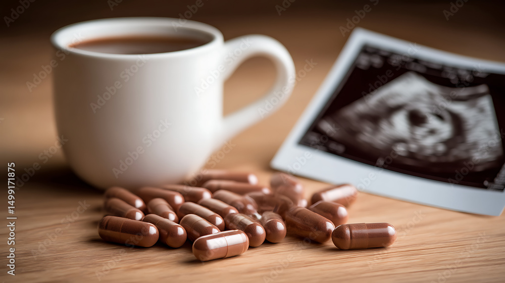 Fototapeta premium White mug with dark liquid sits near brown capsules and a sonogram print on a wooden surface