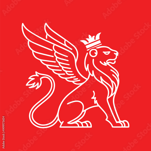 White Winged Lion with Crown Outline on Red