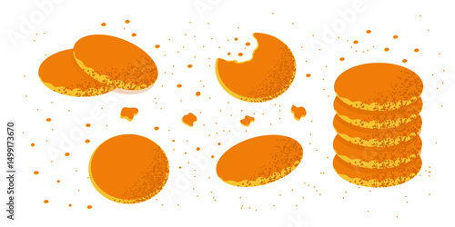 Set of pancakes with crumbs and bite marks, stacked and scattered, golden brown color, flat vector illustration, textured style, minimal background, isolated on white, stylized dessert art.