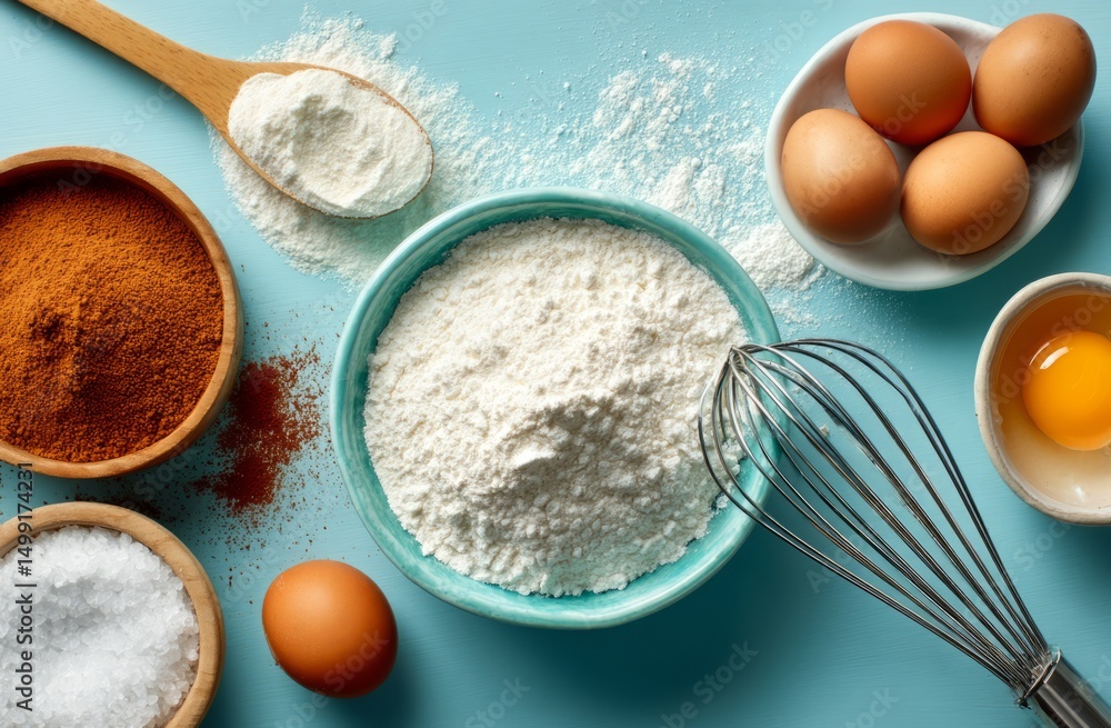 Baking ingredients arranged on a light blue surface. Baking ingredients arranged on a light blue surface.