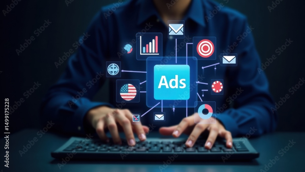 Naklejka premium Person working on computer with ads interface.