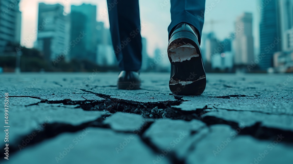 Fototapeta premium A person in worn shoes walks on a cracked city street, with skyscrapers blurred in the background.