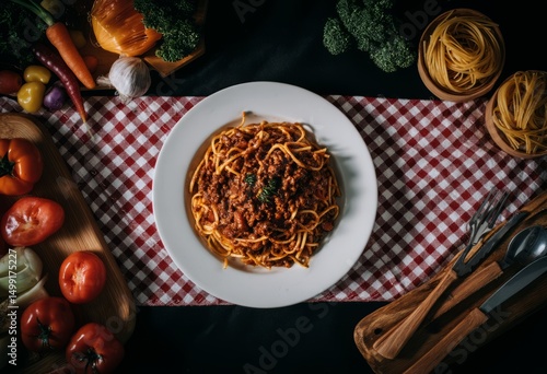 Plate of spaghetti with mea...