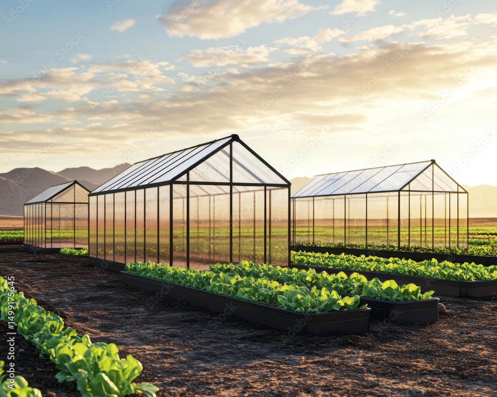 Obraz premium A picturesque landscape of greenhouses and thriving lettuce crops.