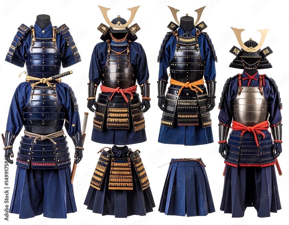 Fototapeta premium Collection of traditional warrior armor sets displayed with intricate detail and varying designs against white background