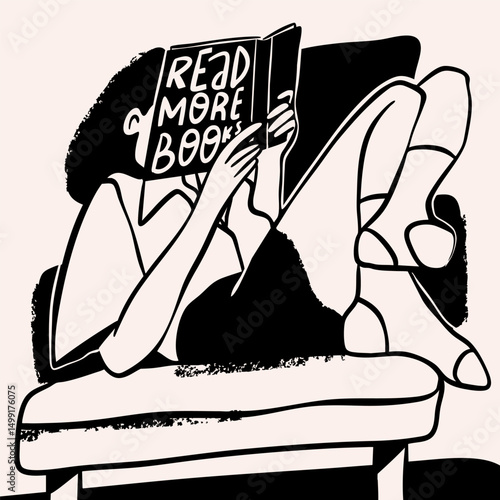 Young woman sitting on armchair and reading a book. Comfortable pose. Relax, stay home, education, coziness, rest, hobby, lazy time concept. Hand drawn Vector illustration. Isolated design element