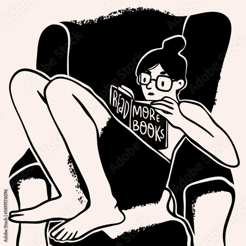 Young woman sitting on armchair and reading a book. Comfortable pose. Relax, stay home, education, coziness, rest, hobby, lazy time concept. Hand drawn Vector illustration. Isolated design element