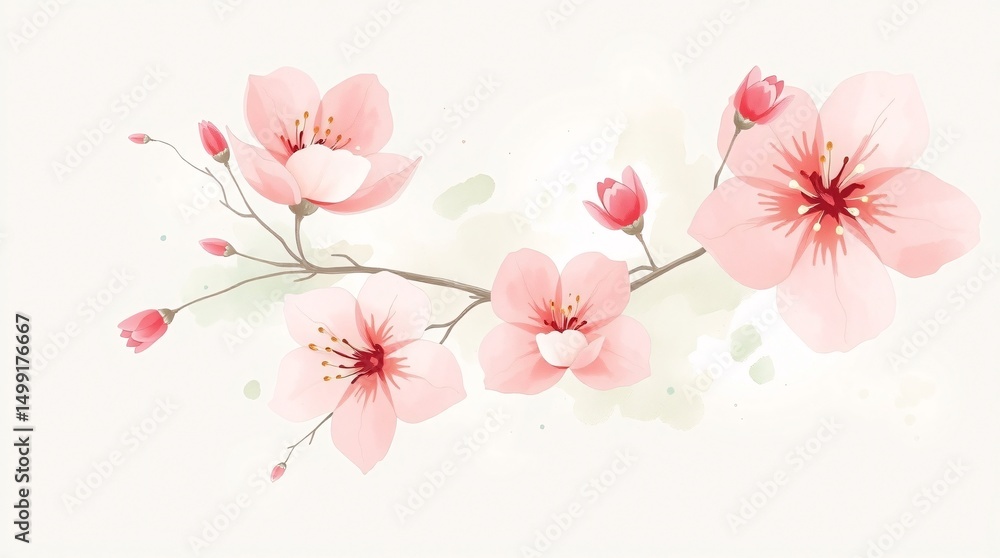 Fototapeta premium Delicate pink cherry blossoms watercolor branch