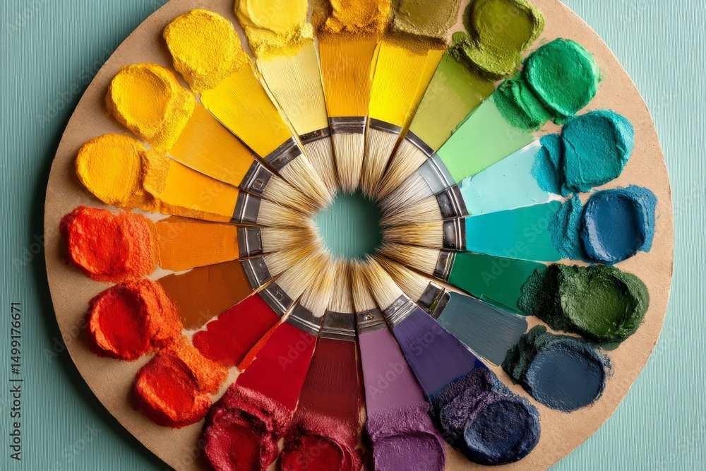 Obraz premium Vibrant color palette arranged with brushes and pigments on a circular board showcasing artistic tools