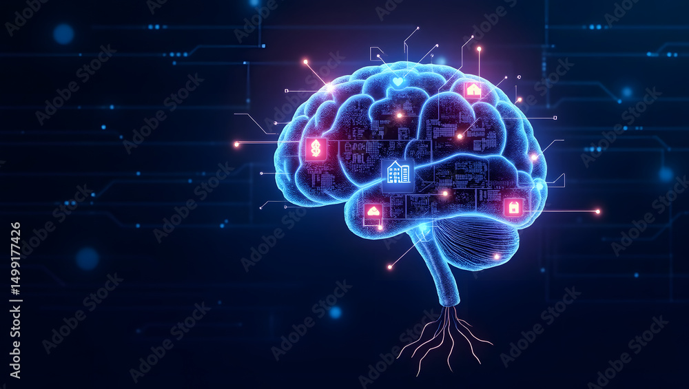 A digital human brain depicted in glowing neon blue showcases data and futuristic tech concepts. A digital human brain depicted in glowing neon blue showcases data and futuristic tech concepts.