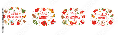 Christmas and winter lettering with wreaths. Christmas wreaths with christmas and winter elements.
