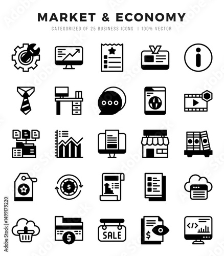 Set of Market & Economy Icons Lineal Filled icons collection.
