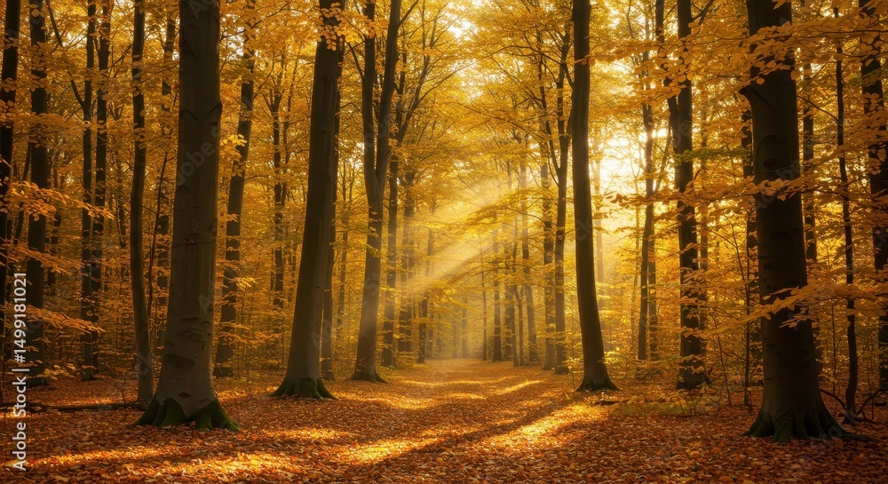 Fototapeta premium Golden Autumn Forest Path Sunbeams Through Autumn Leaves