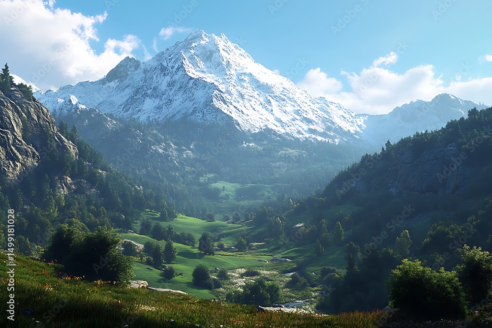 Obraz premium A breathtaking mountain landscape with snow-capped peaks and lush green valleys.