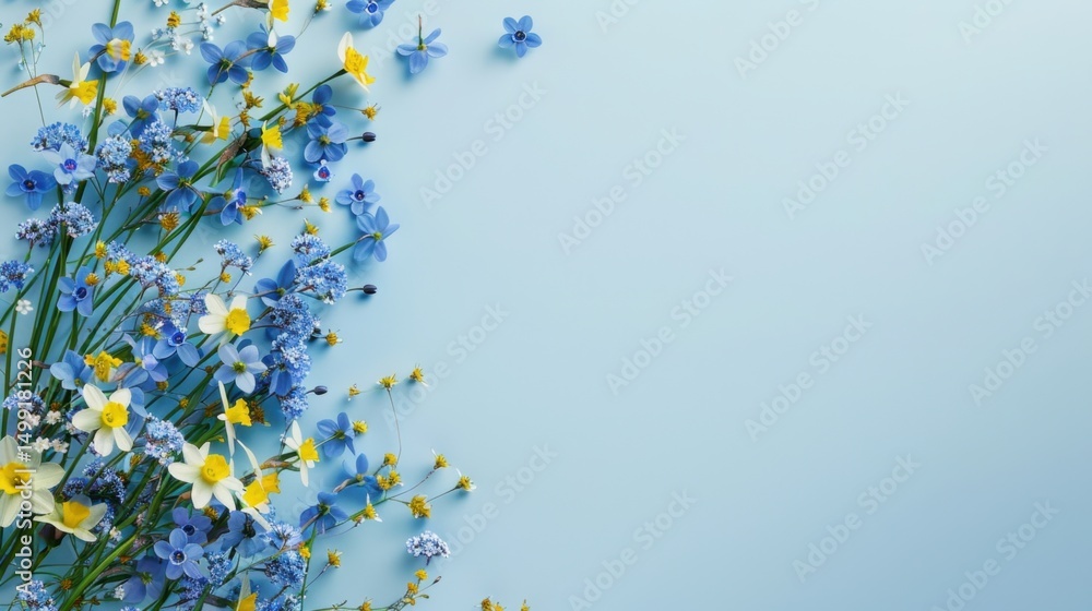 Obraz premium A mix of blue forget-me-nots and yellow daffodils arranged on a soft sky blue table, symbolizing spring and renewal.
