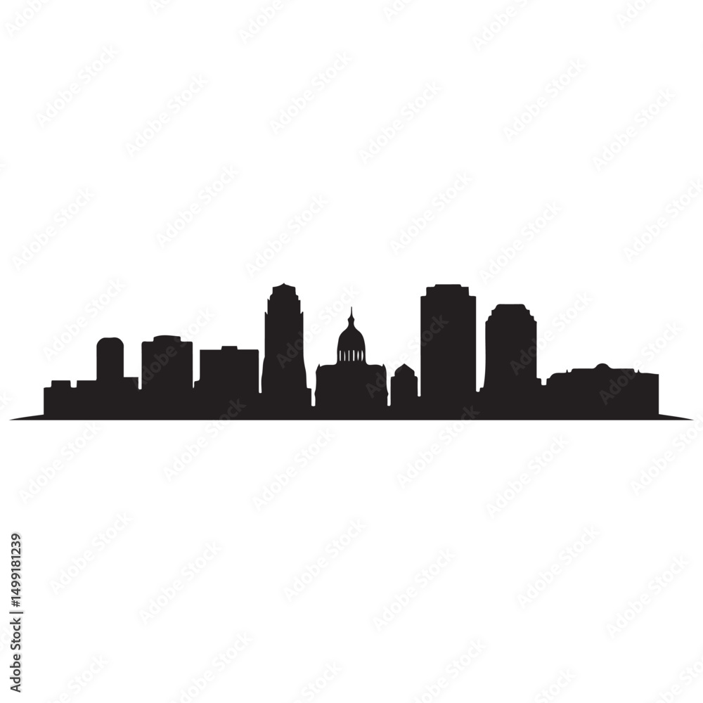 Naklejka premium Panoramic View of Downtown Syracuse Skyline. Syracuse city black silhouette skyscrapers and buildings. Long cityscape. Vector black silhouette. with white background