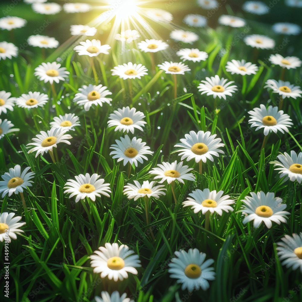 Fototapeta premium A beautiful field of white and yellow daisies blooming in the summer grass