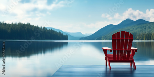 Fototapeta Naklejka Na Ścianę i Meble -  Red chair by a peaceful mountain lake, perfect for vacation, solitude, nature retreat, and relaxation or retirement content
