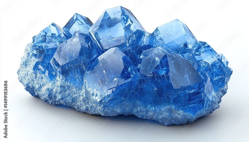 Naklejka premium A bright blue crystal cluster shines against a simple white background. Use this mineral image to visualize geological science concepts.