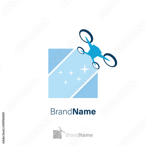 Blue Logo Drone Cleaning Windows or Building. A Industrial washing Drone illustration vector.