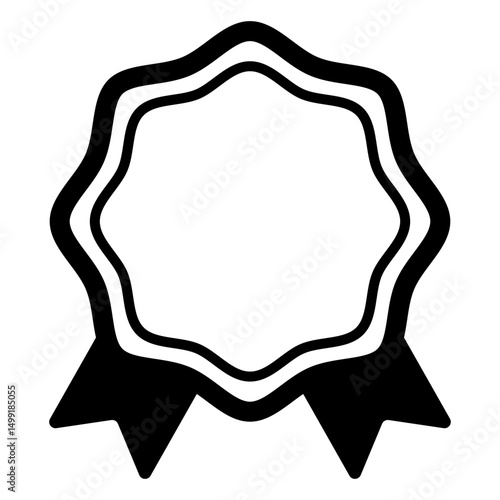 Round badge with ribbon tails icon, representing recognition, achievement, and merit. Symbolizes award, certification, excellence, and endorsement